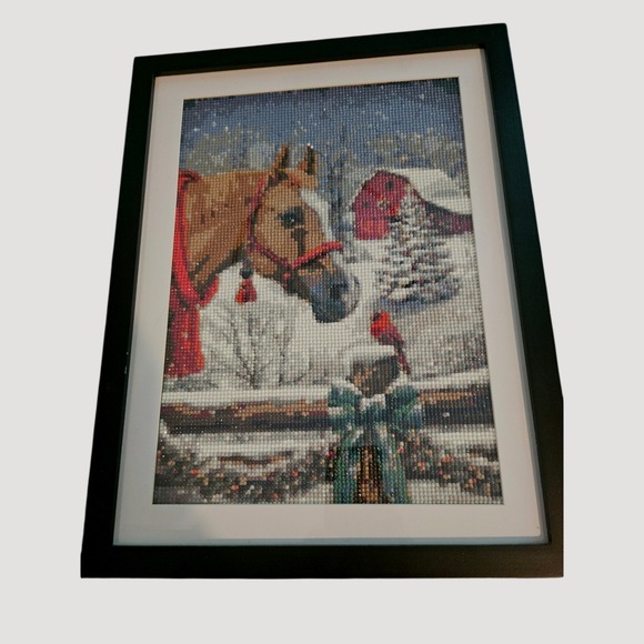 Handmade Other - Handmade Diamond Painting Wall Art Multicolor Winter Horse Barn Framed
